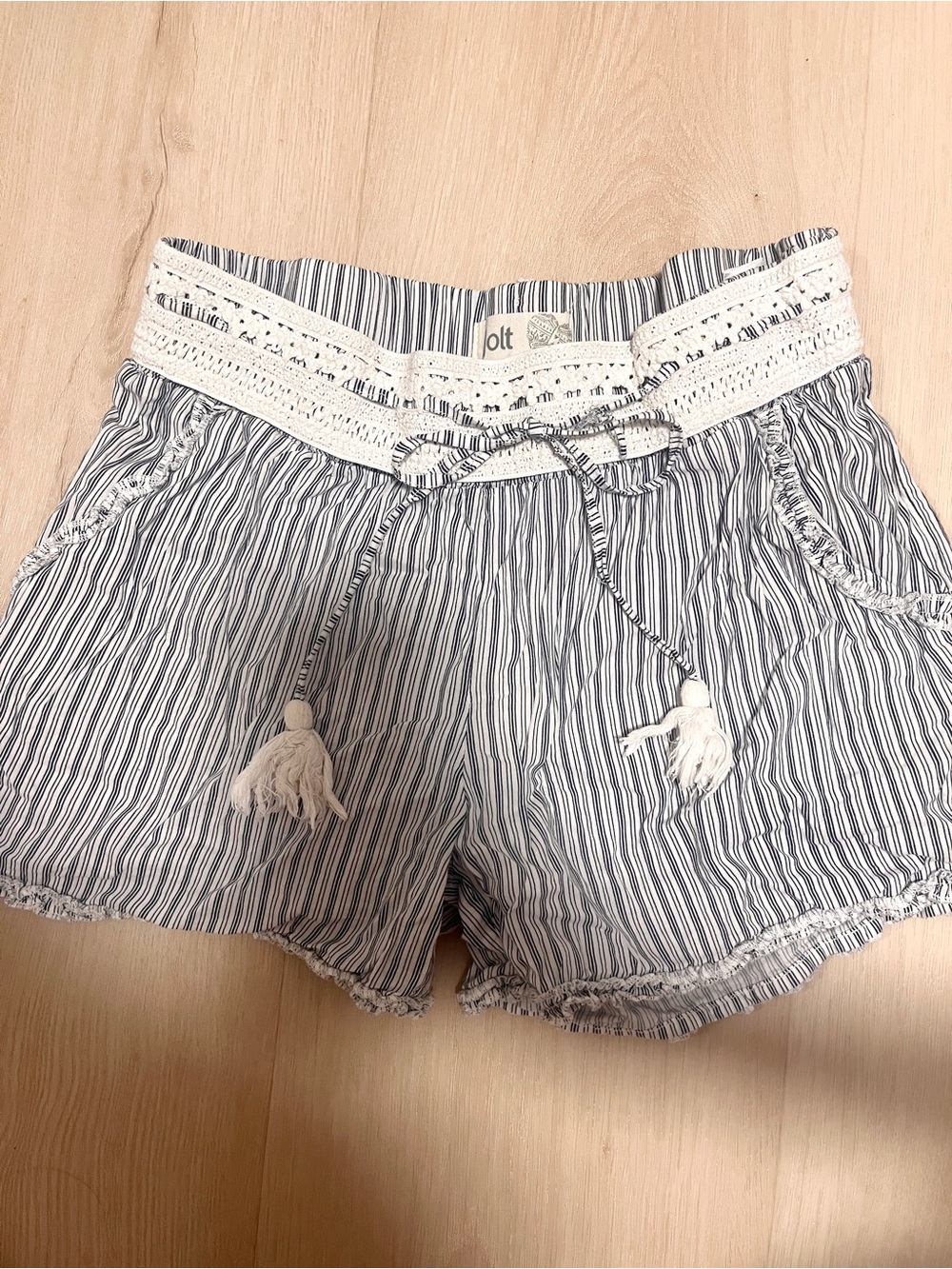Jolt Blue and White Striped cotton Beachy Shorts with tassels